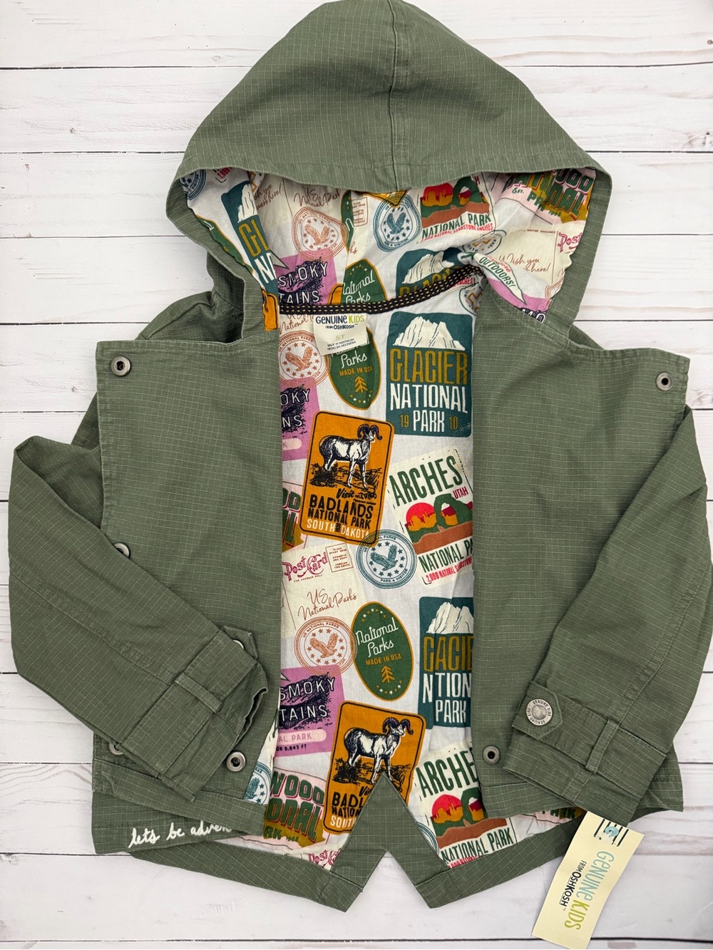 Children's Olive Green Hooded Raincoat with National Parks Lining